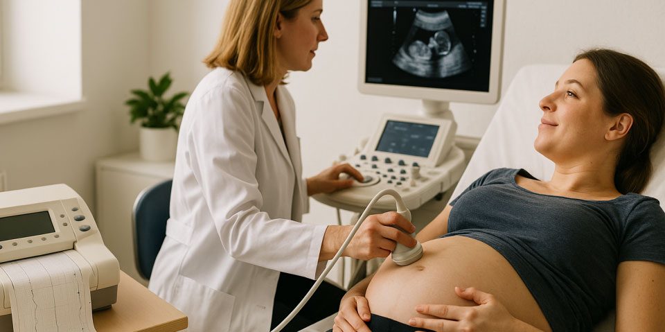 Schwangerschaft mit Eizellspende während der Vorsorgeuntersuchung Schwangere Frau bei Frauenärztin